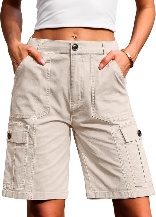 Eddoyee Bermuda Cargo Shorts for Women Casual Long Knee Length High Waisted Stretch Wide Leg Relaxed Fit