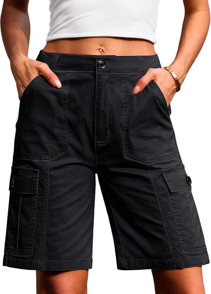 Eddoyee Bermuda Cargo Shorts for Women Casual Long Knee Length High Waisted Stretch Wide Leg Relaxed Fit
