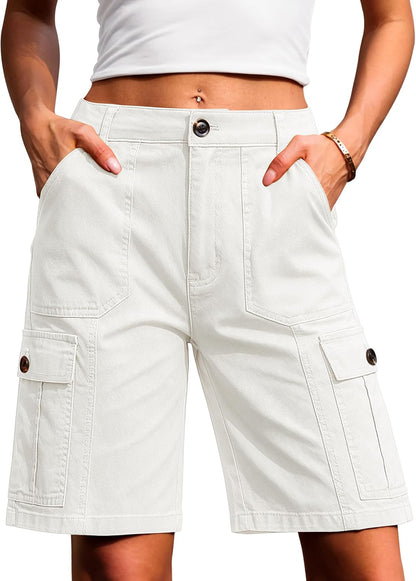 Eddoyee Bermuda Cargo Shorts for Women Casual Long Knee Length High Waisted Stretch Wide Leg Relaxed Fit