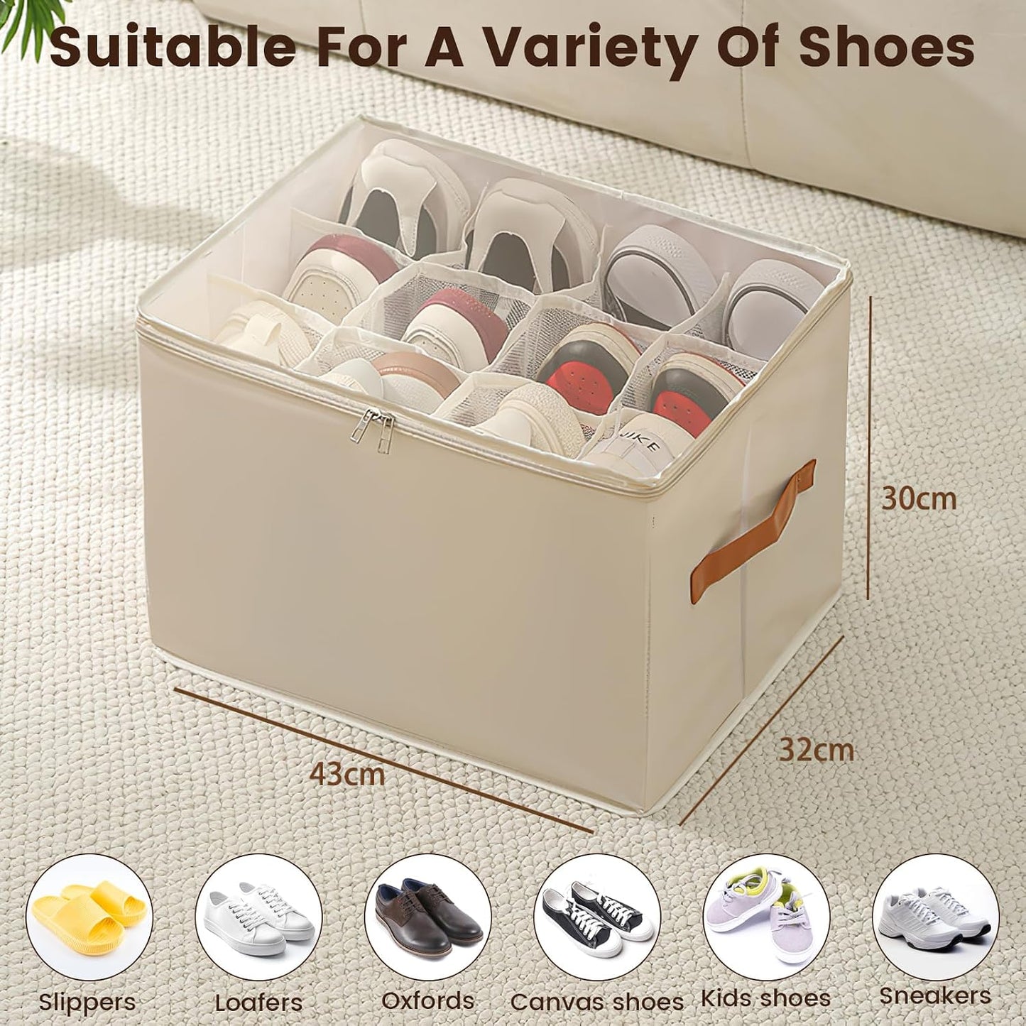 Foldable Shoe Storage Organizer with 12 Compartments, Stackable Closet Shoe Box with Clear Window and Removable Dividers, Holds 6-12 Pairs