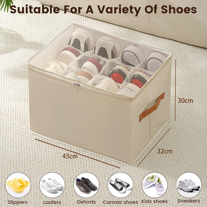 Foldable Shoe Storage Organizer with 12 Compartments, Stackable Closet Shoe Box with Clear Window and Removable Dividers, Holds 6-12 Pairs