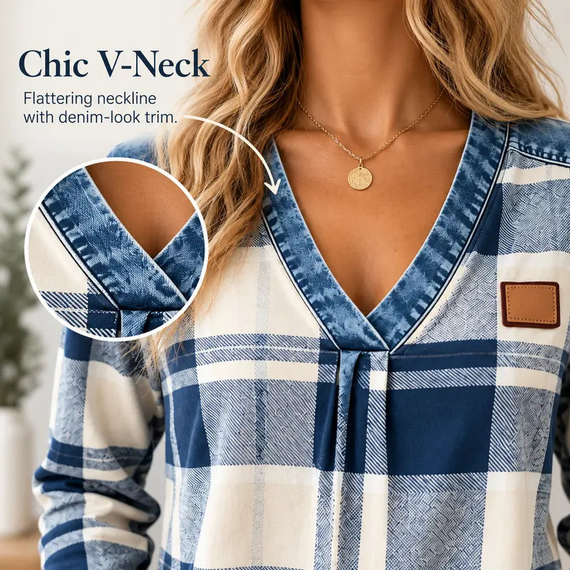 Colorblock Plaid V-Neck Long Sleeve Top — Faux Denim Patchwork Print, S–6XL
