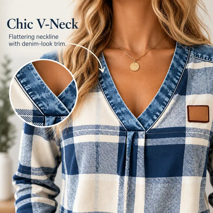 Colorblock Plaid V-Neck Long Sleeve Top — Faux Denim Patchwork Print, S–6XL