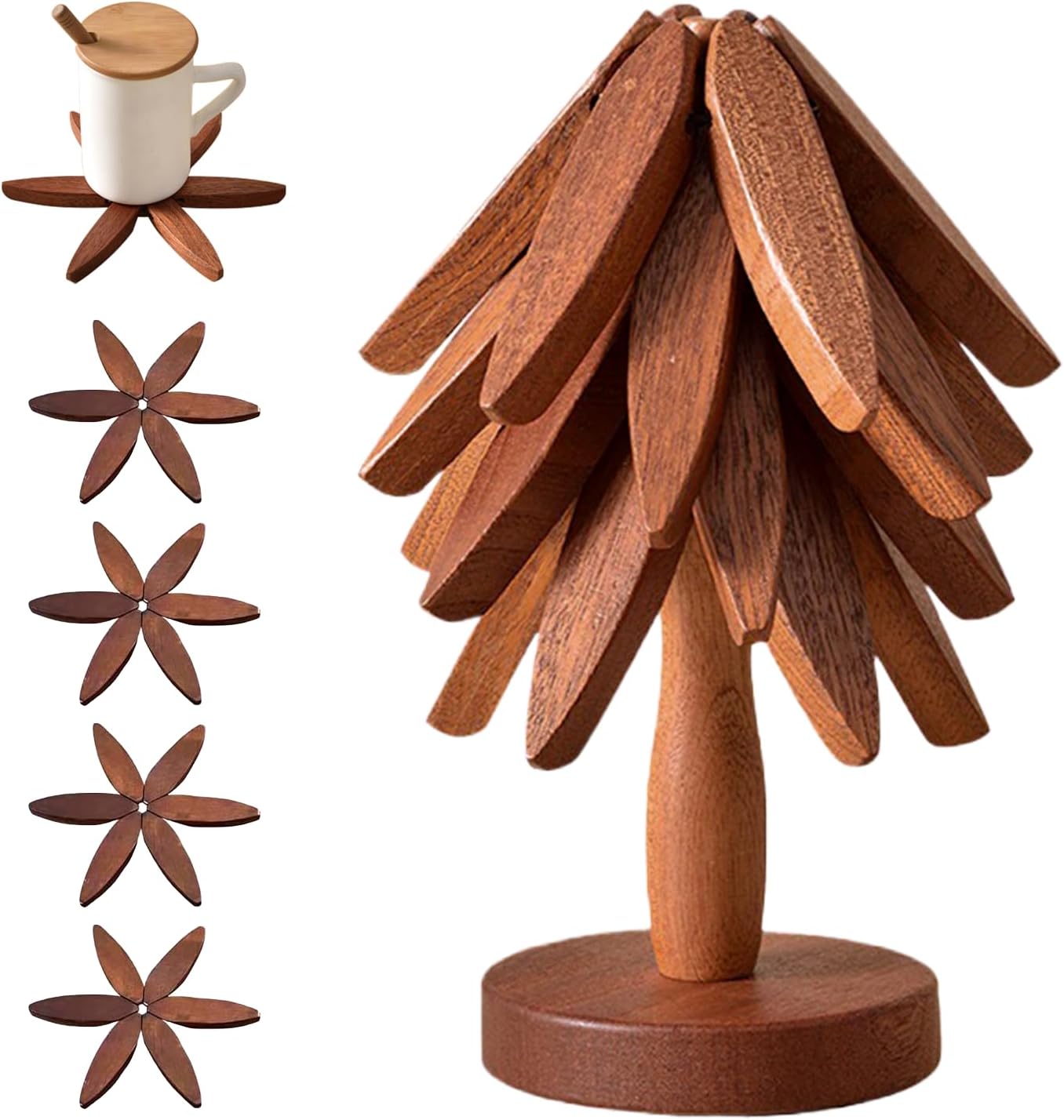 🔥Christmas Early Discount 49% Off✨Natural Tree Trivet Set - 4 Wooden Trivets & 1 Stand Like a Christmas Tree🎄