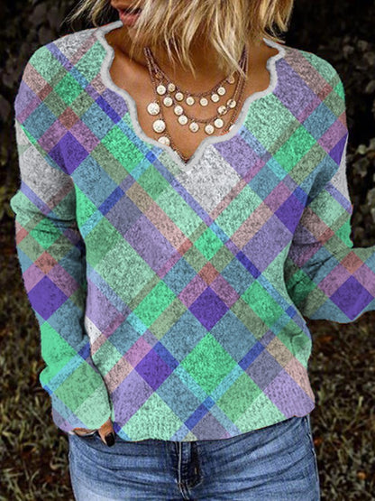 Casual Wave Collar Plaid Printed Plush Top