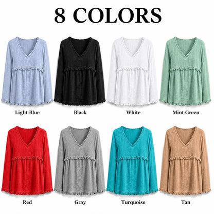 Women’s Boho V Neck Long Sleeve Fringe Top Plus Size S-3XL