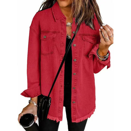 Washed Denim Shirt Jacket — Oversized Frayed-Hem Denim Overshirt