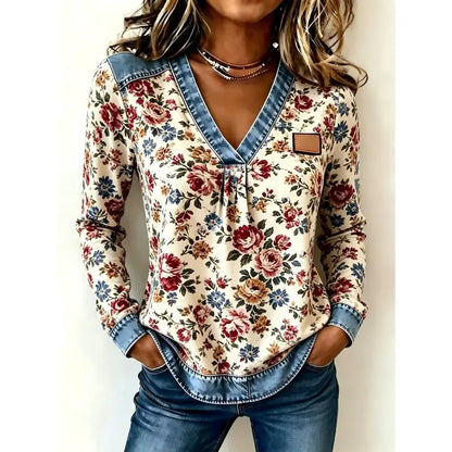 Colorblock Plaid V-Neck Long Sleeve Top — Faux Denim Patchwork Print, S–6XL