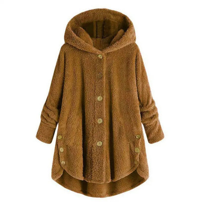 Women's Plush Round Neck Winter Coat – Thick Warm Button-Front Jacket with Asymmetric Hem