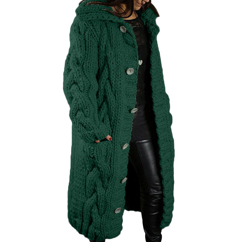 Women's Oversized Cable Knit Hooded Long Cardigan – Button-Front Sweater Coat, Plus Size S–5XL