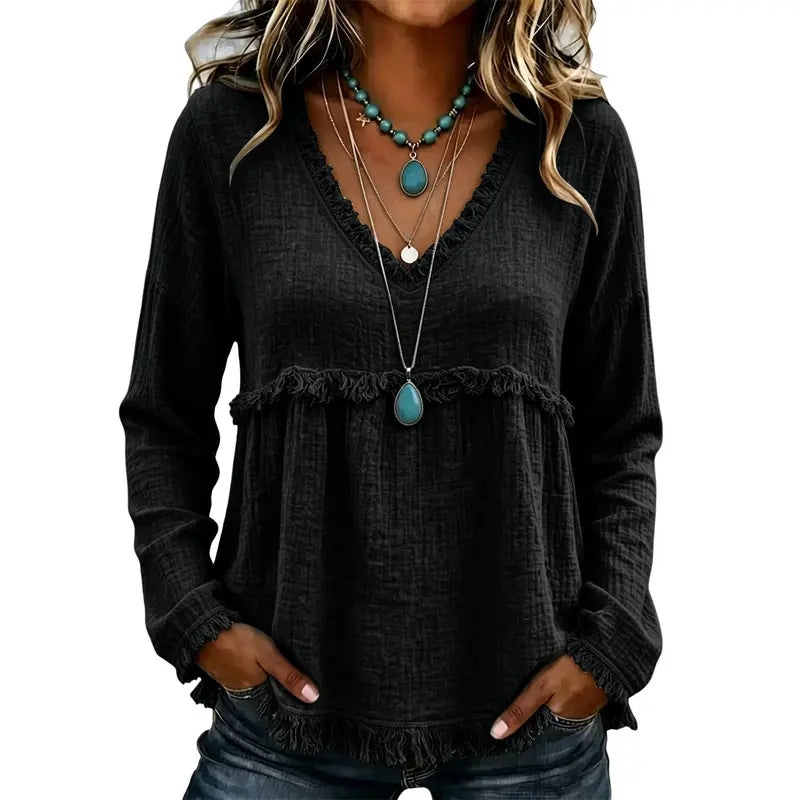 Women’s Boho V Neck Long Sleeve Fringe Top Plus Size S-3XL