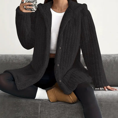 Women's Hooded Teddy Fleece Cardigan Jacket – Mid-Length Plush Coat with Button Front & Side Slits, Relaxed Fit Fall/Winter Outerwear