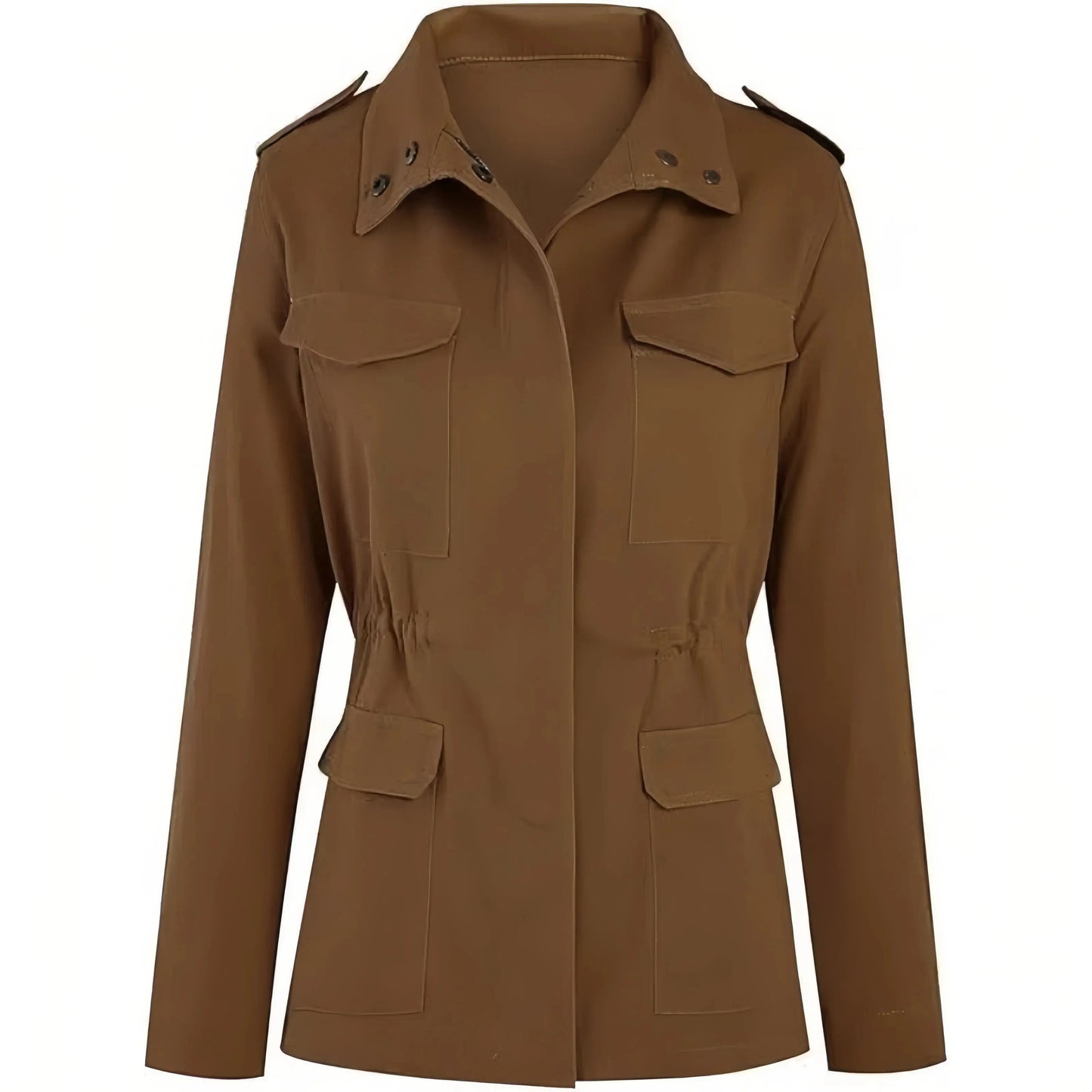Women's Cotton Military Jacket, Lightweight Utility Field Coat with Four Flap Pockets, Hidden Zip and Adjustable Waist Drawstring, XS-XXL