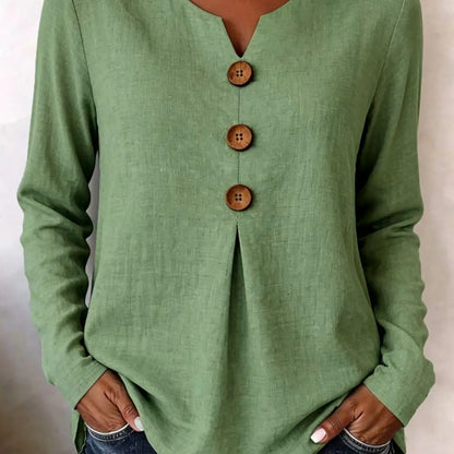 Women's Vintage Big Button V-Neck Long Sleeve Blouse – Casual Solid Color Top