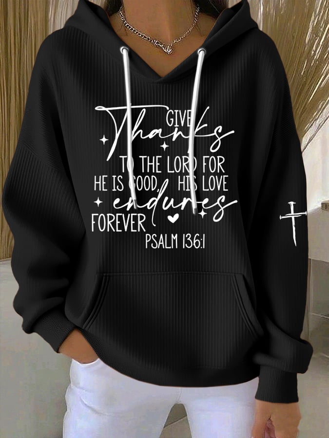 Women'S Give Thanks to the Lord Psalm 136:1 Printed Hoodie Sweatshirt