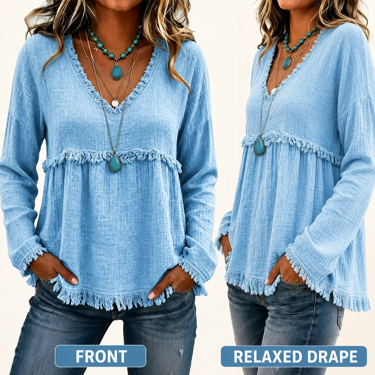 Women’s Boho V Neck Long Sleeve Fringe Top Plus Size S-3XL