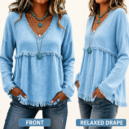 Women’s Boho V Neck Long Sleeve Fringe Top Plus Size S-3XL