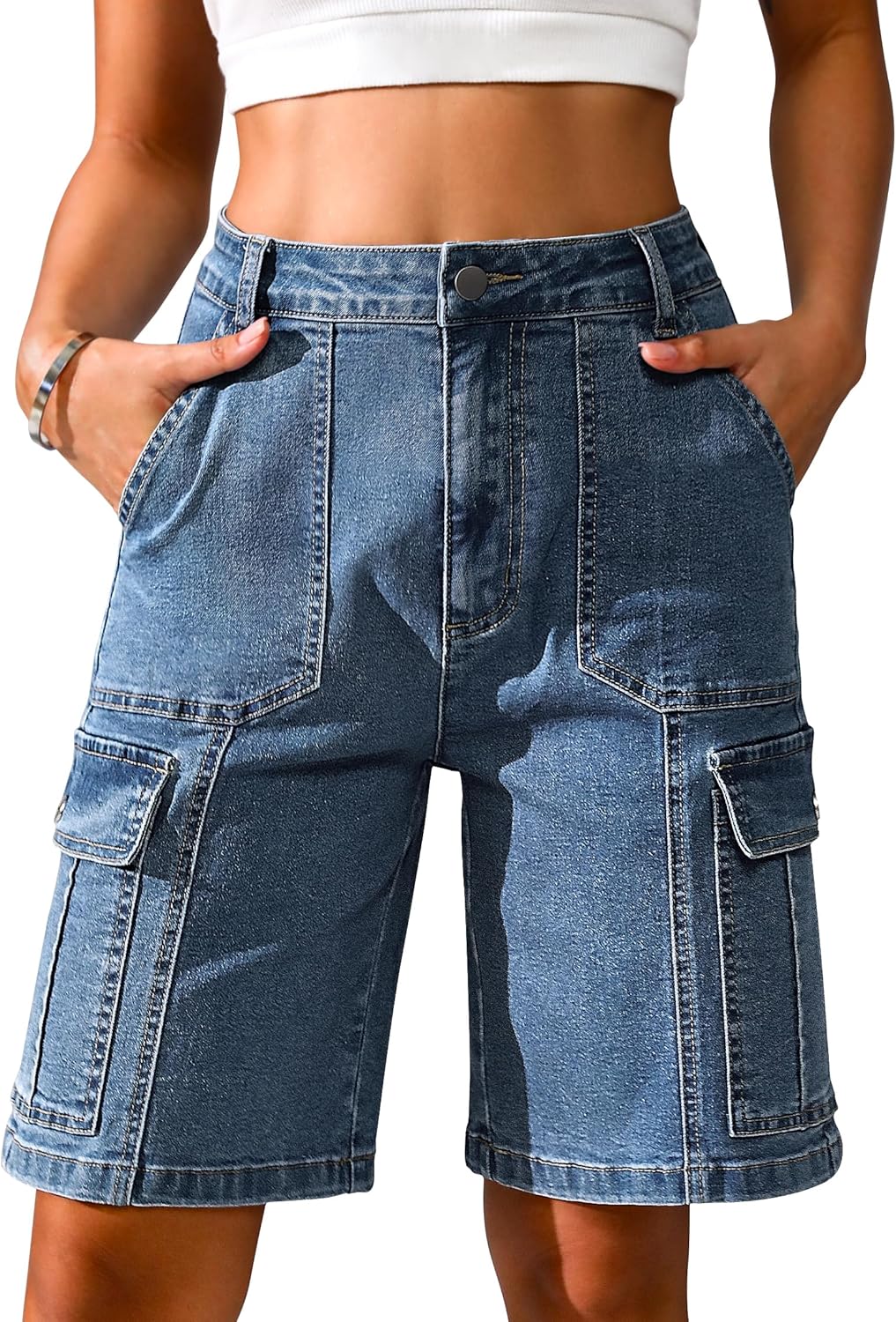 Eddoyee Bermuda Cargo Shorts for Women Casual Long Knee Length High Waisted Stretch Wide Leg Relaxed Fit