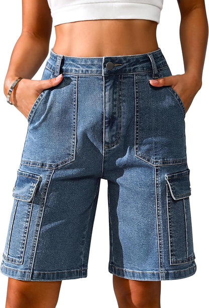 Eddoyee Bermuda Cargo Shorts for Women Casual Long Knee Length High Waisted Stretch Wide Leg Relaxed Fit