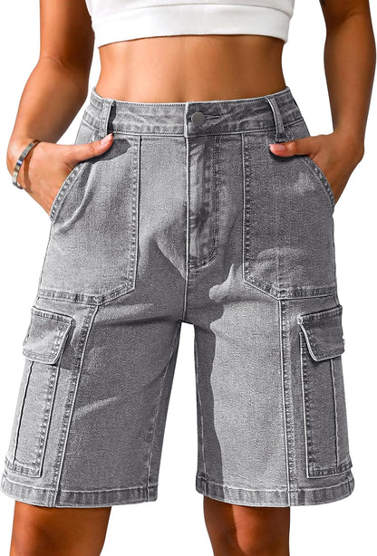 Eddoyee Bermuda Cargo Shorts for Women Casual Long Knee Length High Waisted Stretch Wide Leg Relaxed Fit