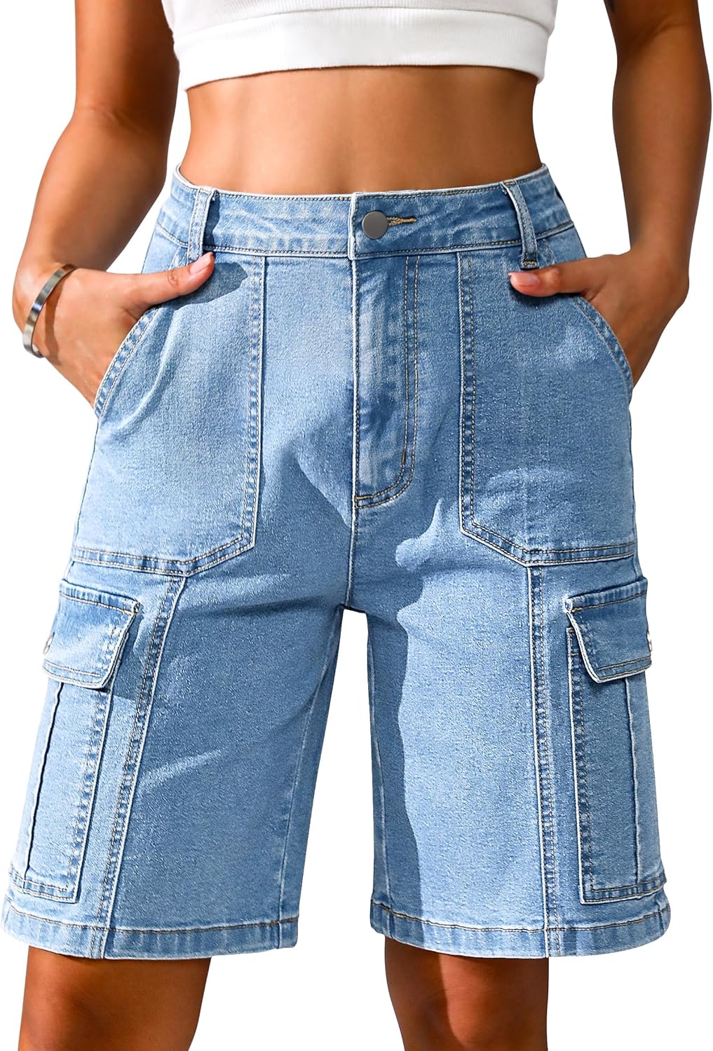 Eddoyee Bermuda Cargo Shorts for Women Casual Long Knee Length High Waisted Stretch Wide Leg Relaxed Fit