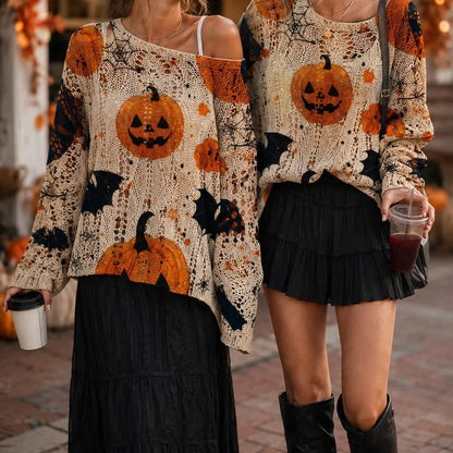 Women's Halloween Pumpkin-Bat Knit Pullover Sweater