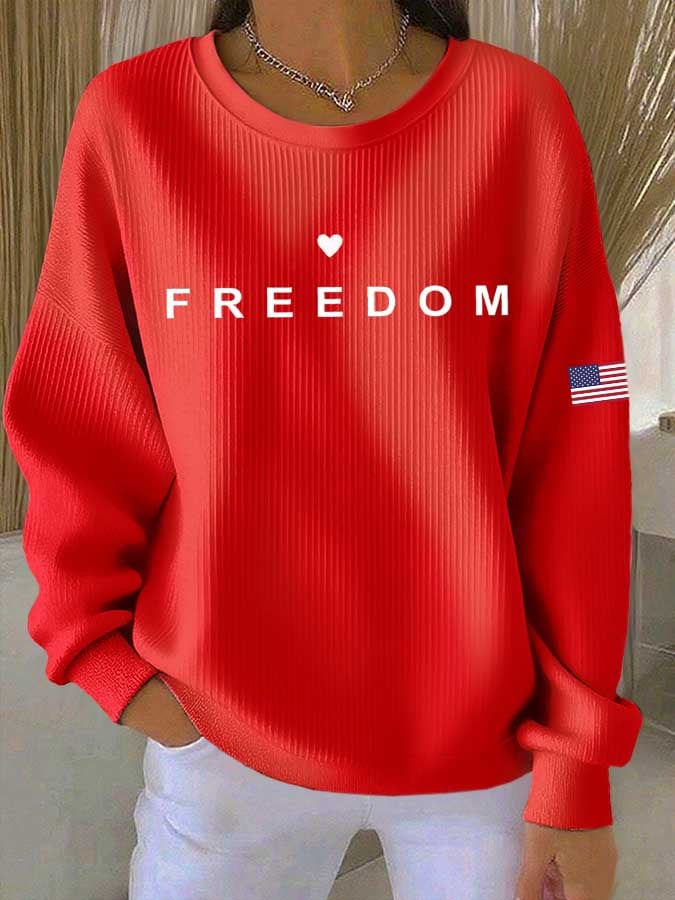 Women's Freedom Flag Print Knitted Crew Neck Long Sleeve Top