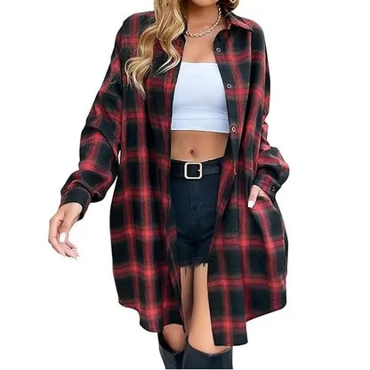 Women's Plaid Flannel Shacket — Button-Down Collared Long Jacket