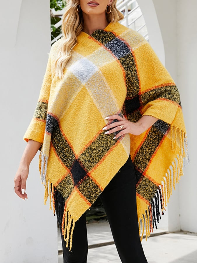Women's Fall Winter Lazy Stylish Plaid Tassel Faux Cashmere Shawl