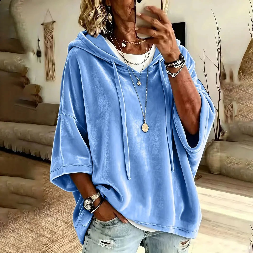 Women’s Minimalist Velour Hoodie, Loose Fit 3/4 Sleeves Hood