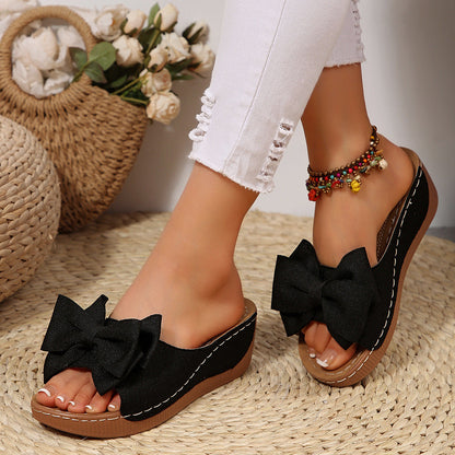 Women’s Liora Bow Flower Platform Wedge Slide Sandals – Peep-Toe Wide Strap Summer Slides