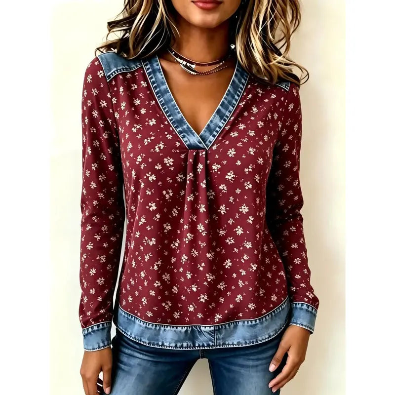 Colorblock Plaid V-Neck Long Sleeve Top — Faux Denim Patchwork Print, S–6XL