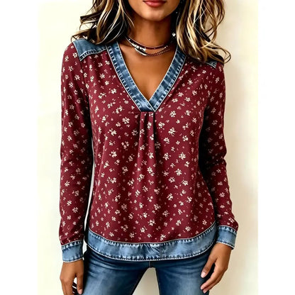 Colorblock Plaid V-Neck Long Sleeve Top — Faux Denim Patchwork Print, S–6XL