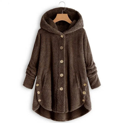 Women's Plush Round Neck Winter Coat – Thick Warm Button-Front Jacket with Asymmetric Hem