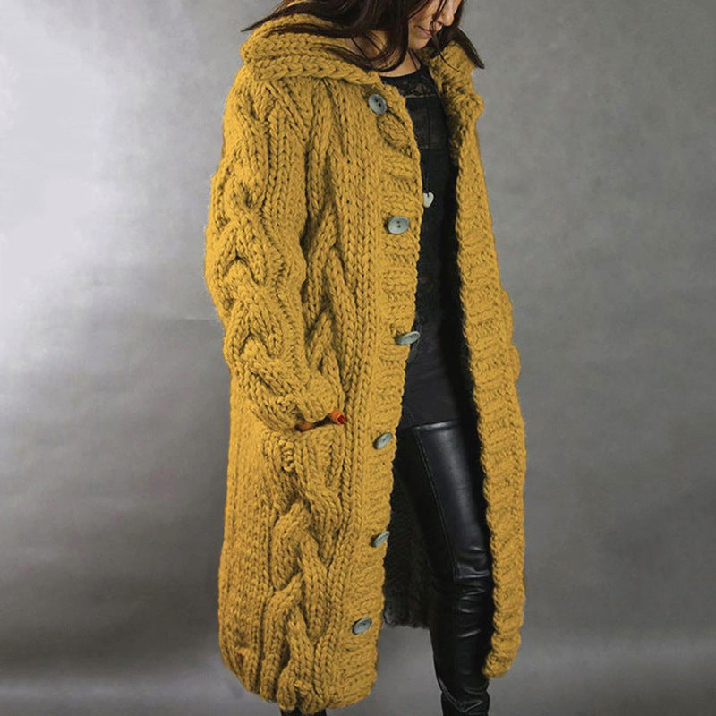 Women's Oversized Cable Knit Hooded Long Cardigan – Button-Front Sweater Coat, Plus Size S–5XL