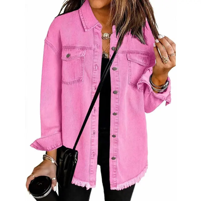 Washed Denim Shirt Jacket — Oversized Frayed-Hem Denim Overshirt