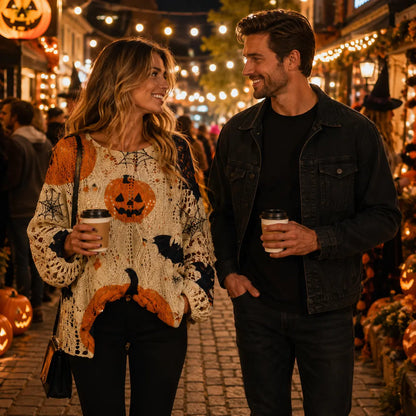Women's Halloween Pumpkin-Bat Knit Pullover Sweater