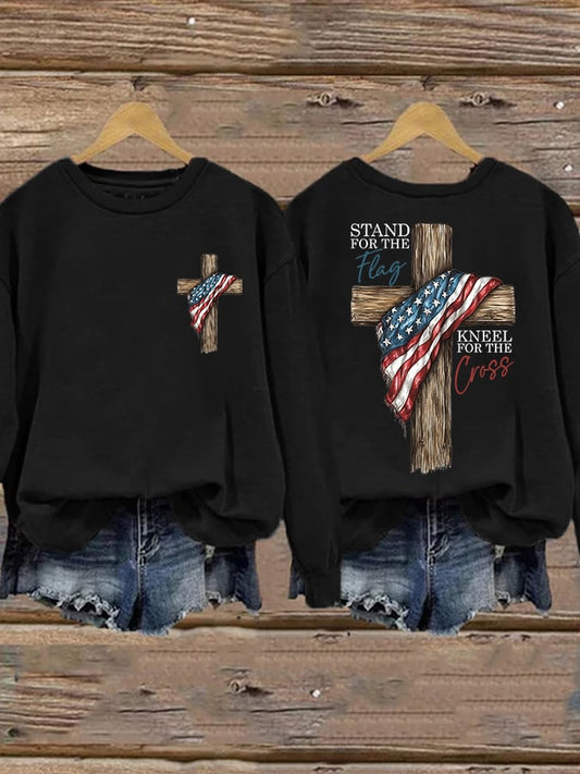 Women's Faith Stand for the Flag, Kneel for the Cross Printed Crew Neck Sweatshirt