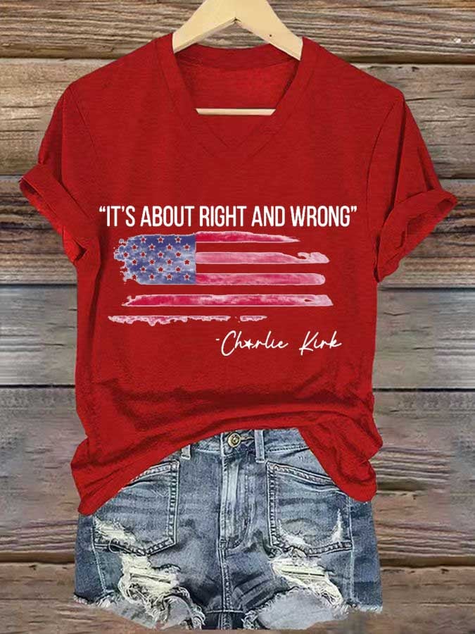 Women's IT'S ABOUT RIGHT AND WRONG Print V-Neck T-Shirt