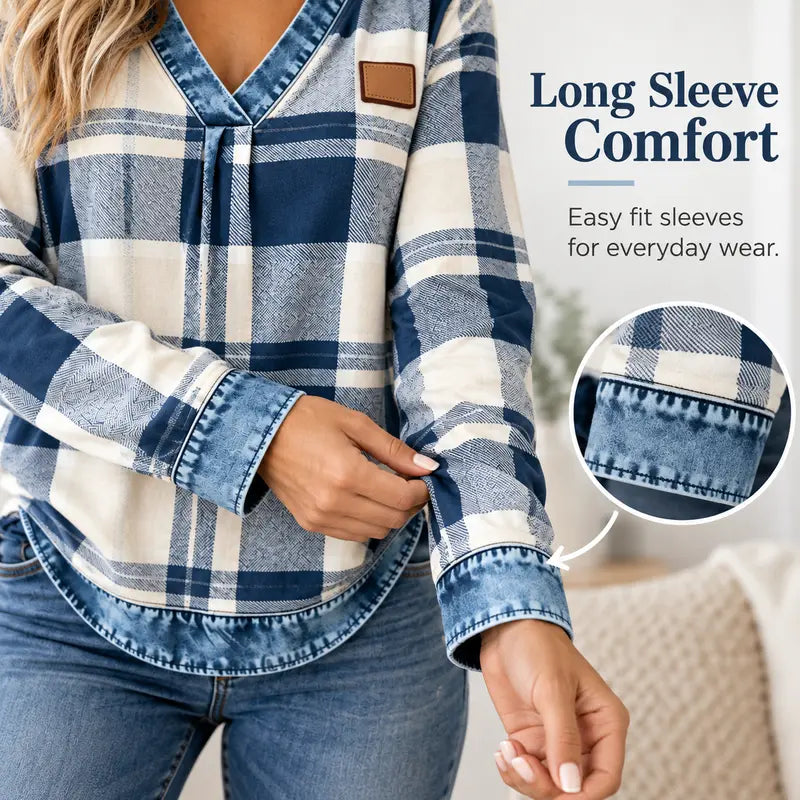 Colorblock Plaid V-Neck Long Sleeve Top — Faux Denim Patchwork Print, S–6XL
