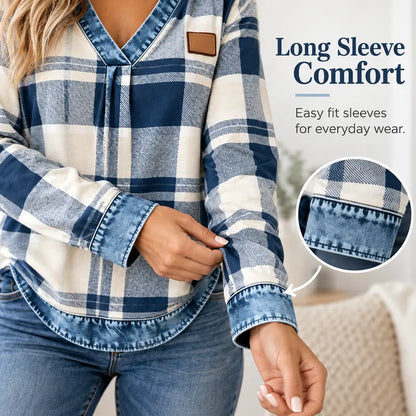 Colorblock Plaid V-Neck Long Sleeve Top — Faux Denim Patchwork Print, S–6XL