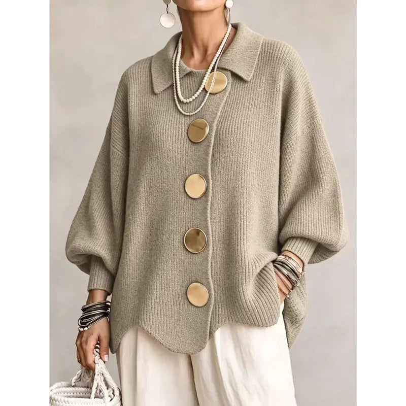 Women's French Lapel Knit Cardigan – Loose Sweater Coat with Big Metal Buttons & Lantern Sleeves