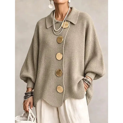 Women's French Lapel Knit Cardigan – Loose Sweater Coat with Big Metal Buttons & Lantern Sleeves
