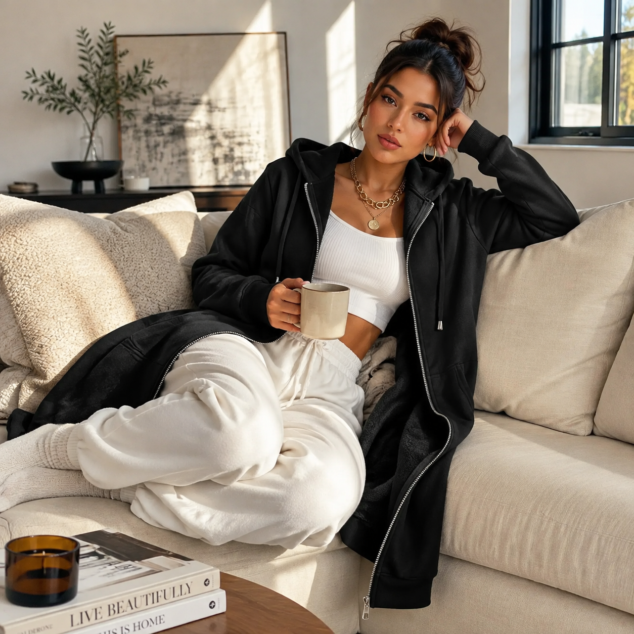 Women's Long Fleece Hoodie Tunic Jacket