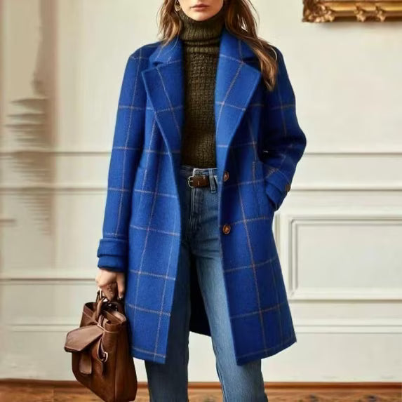 Women's Plaid Wool Blend Trench Coat – Windproof Notch Lapel Mid-Length Overcoat