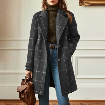 Women's Plaid Wool Blend Trench Coat – Windproof Notch Lapel Mid-Length Overcoat