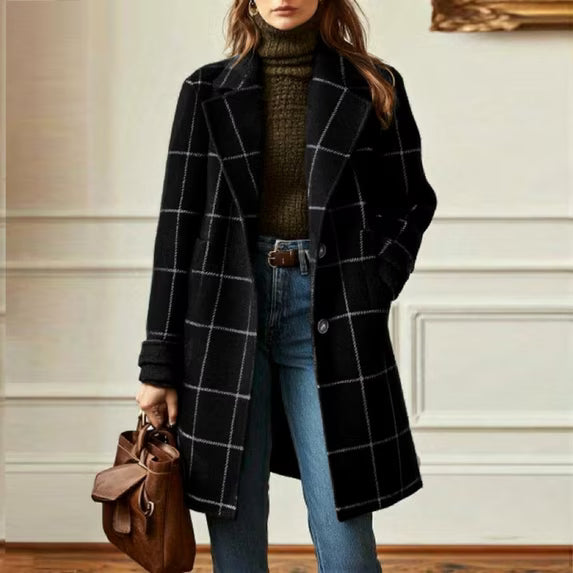Women's Plaid Wool Blend Trench Coat – Windproof Notch Lapel Mid-Length Overcoat