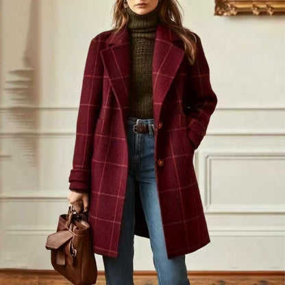 Women's Plaid Wool Blend Trench Coat – Windproof Notch Lapel Mid-Length Overcoat