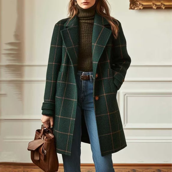 Women's Plaid Wool Blend Trench Coat – Windproof Notch Lapel Mid-Length Overcoat