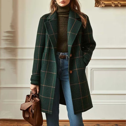 Women's Plaid Wool Blend Trench Coat – Windproof Notch Lapel Mid-Length Overcoat
